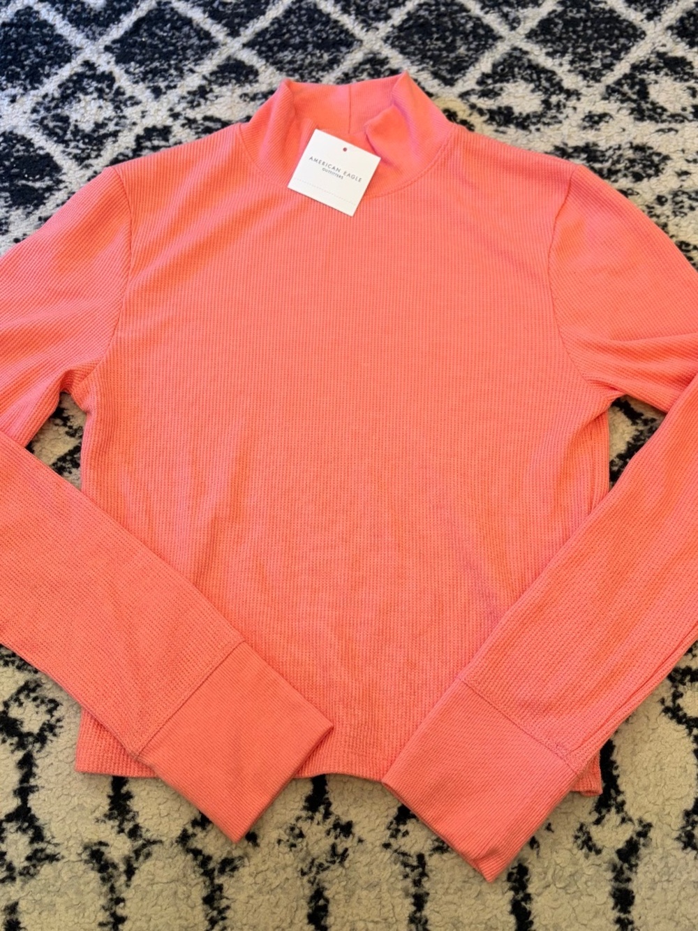 NWT American Eagle L Waffle Ribbed Mock Neck Long Sleeve Shirt Coral Pink Soft